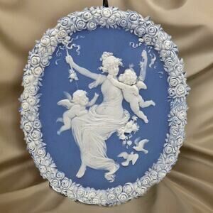 Antique Jasperware Cherub Wall Plaque Blue White Classical Lady Decor
